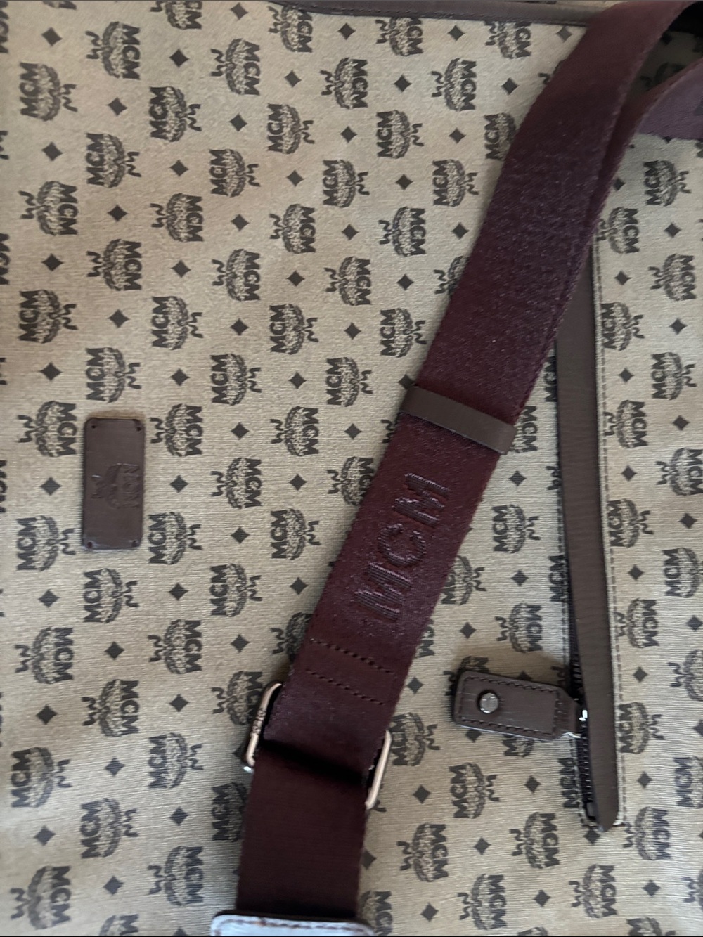 MCM Beige Monogram Canvas Messenger Bag with Brown strap see pictures